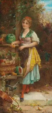 Girl With Rich Fruit Bowl By Hans Zatzka