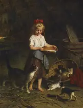 Girl Feeding Her Cats By Rudolf Epp