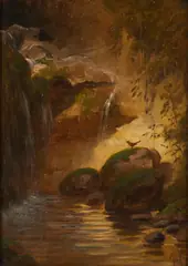 Rocky Corner by the Stream with Robins By Rudolf Epp