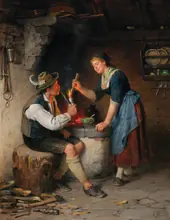 Young Couple by the Fireplace By Rudolf Epp