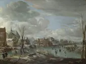 A Frozen River near a Village with Golfers and Skaters By Aert van der Neer