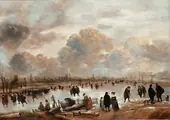 A Winter Landscape with Skaters and Townsfolk on a Frozen Waterway By Aert van der Neer