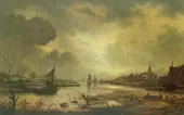 Dutch Town on a River by Moonlight By Aert van der Neer