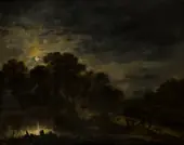 River Landscape by Moonlight c1677 By Aert van der Neer