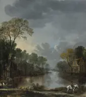 Scene at Dusk with a Horseman Pulling a Boat Along a Canal By Aert van der Neer
