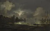View of a Lakeside Town by Moonlight with Nettings Hanging out to Dry 1660 By Aert van der Neer