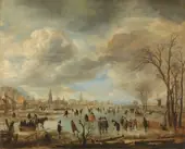 Winter Landscape near a Town with Kolf Players and Horse Drawn Sleighs By Aert van der Neer
