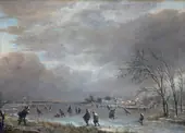 Winter Landscape with Skaters on a Frozen River By Aert van der Neer