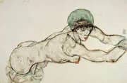 Reclining Female with Green Cap, Leaning to the Right, 1914 By Egon Schiele