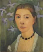 Self Portrait with Green Background and Blue Irises 1905 By Paula Modersohn-Becker