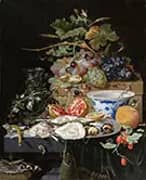 Still Life with Fruit Oysters and Porcelain Bowl c 1660 By Abraham Mignon