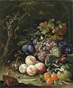 Still Life with Fruits Foliage and Insects c 1669 By Abraham Mignon