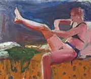Woman Pulling on Stocking By Elmer Bischoff