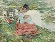 Girl Sewing by River 1891 By Theodore Robinson