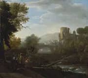 Landscape with Tivoli and The Temple of Vesta Hunters and an Artist Sketching in The Foreground By Claude Lorrain