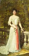 Portrait of a Lady in a White Dress with a Pink Sash by a Balustrade By Thomas Benjamin Kennington