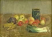 Still Life Apples Leeks Bananas and Green Jar By Karl Isakson