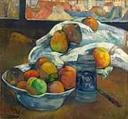 Bowl of Fruit and Tankard before a Window By Paul Gauguin