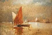 Red Sail in The Harbor at Venice By Frank Duveneck