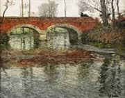 French River Landscape with a Stone Bridge By Frits Thaulow