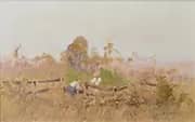Landscape Two Figures at Post and Rail Fence By Elioth Gruner