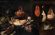 Kitchen Still Life with Cat and Dog By Adriaen Van Utrecht