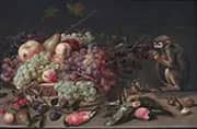 Still Life of Fruit Dead Birds and a Monkey By Clara Peeters