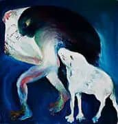 Black Haired Woman Holding Handkerchief with Crying Dog By Arthur Merric Boyd