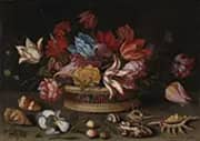 A Basket of Flowers with Shells on a Ledge By Balthasar van der Ast