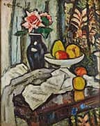 A Still Life of Fruit and Flowers with Persian Curtain By Leslie Hunter