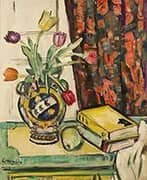 Still Life Books and a Pear and Tulips in a Vase By Leslie Hunter