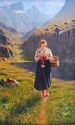 A Girl Knitting in a Norwegian Landscape By Hans Dahl