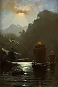 Fjord at Full Moon with Viking Ships By Hans Dahl