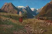Fjord Landscape with Figures Picking By Hans Dahl