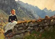 Girl Seated on a Stone Wall By Hans Dahl