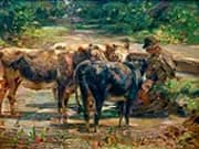 Shepherd with Calves By Heinrich von Zugel