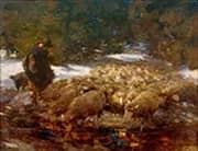 Shepherd with Sheep in Landscape By Heinrich von Zugel