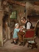 A Father and Daughter Playing Cats Cradle by a Fire By Henry Bacon
