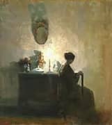 Interior with The Artist's Wife Reading by The Candlelight By Carl Holsoe