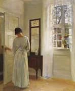 A Lady Looking in a Mirror by an Open Door By Carl Holsoe