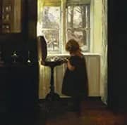 A Girl Standing by a Sewing Table By Carl Holsoe