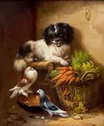 A Dog and Two Pigeons Near the Vegetable Basket By Henriette Ronner Knip