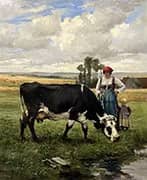 Woman and Child Leading a Cow By Julien Dupre