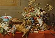 Still Life with Fruit Dead Game Vegetables a Monkey Squirrel and Cat By Frans Snyders