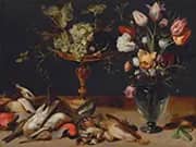 Still Life with Flowers Grapes and Small Game Birds c1615 By Frans Snyders