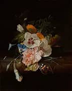 Posy of Flowers with a Red Admiral Butterfly on a Marble Ledge By Rachel Ruysch