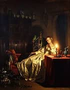 A Candlelit Interior with a Lady Seated at a Table By Petrus van Schendel