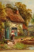 Cottage with Girl and Chickens By Robert John Hammond