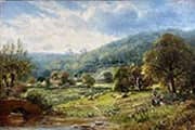 Valley Landscape with Figures Sheep and Cottages By Robert John Hammond