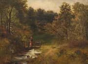 A Young Girl on a Bridge Crossing a Stream By Robert John Hammond